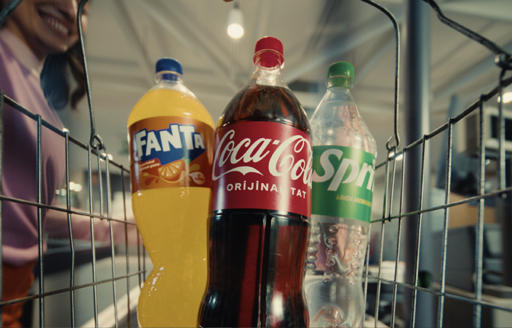 Shopping cart with a Coca-Cola, Sprite and Fanta bottles inside