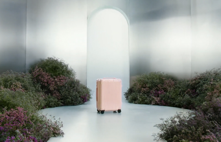 Rimowa pink suitcase in a futuristic background